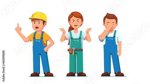 Engineer and builder workers in hard hat arguing