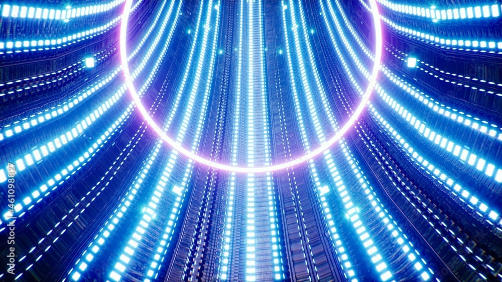 Fototapeta premium Neon Pink Circle Light in the Blue Technology Tunnel 3D Rendering