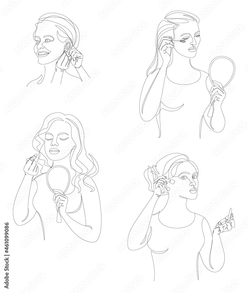 Collection. Silhouettes of a lady. The girl does mauiyage, paints lips, eyelashes, cheeks, earrings in a modern solid line style. Sketches, posters, stickers, logo. Set of vector illustrations. Collection. Silhouettes of a lady. The girl does mauiyage, paints lips, eyelashes, cheeks, earrings in a modern solid line style. Sketches, posters, stickers, logo. Set of vector illustrations.