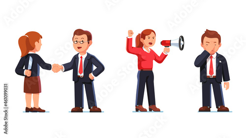 Business woman in anger shouting to man ear