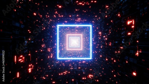 Glowing Red and Blue Square Light Cyber Tunnel 3D Rendering