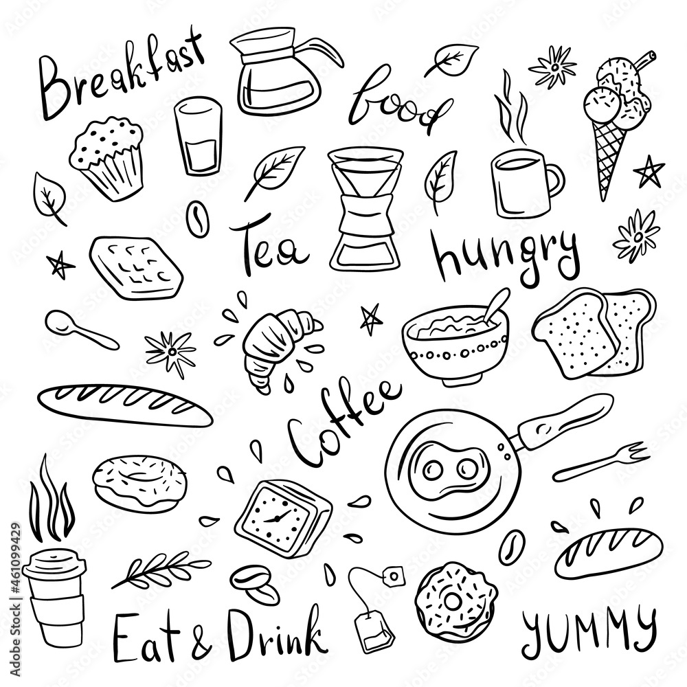 Breakfast Sign Black Thin Line Icon Set Include of Coffee, Egg and Bread. Vector illustration of Icons