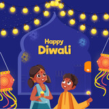 Indian Kids Celebrating Diwali Festival With Sprinkle Stick, Sky Lanterns, Kandil Hang And Lighting Garland On Blue Background.