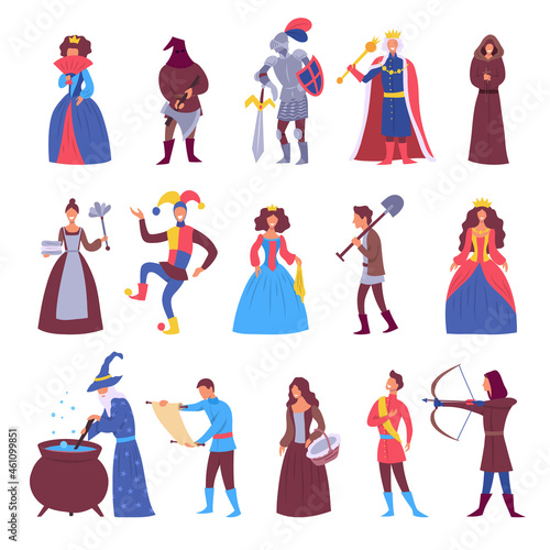 Cartoon Color Characters People Citizens of Medieval Age Town Set Concept Flat Design Style. Vector illustration