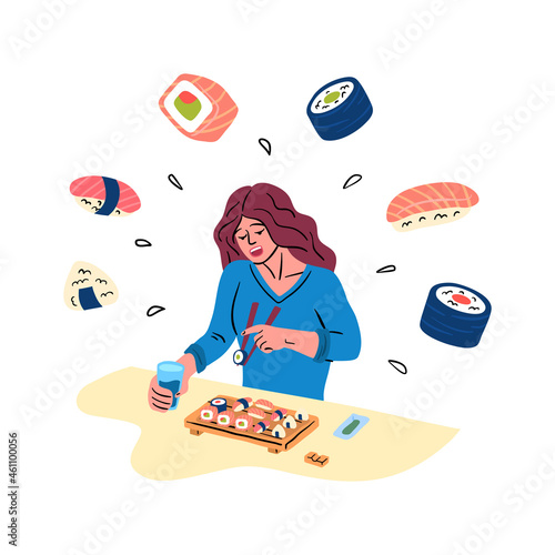 Cartoon Color Character Woman Eating Sushi Japanese Traditional Food Concept Flat Design Style. Vector illustration of Girl Eat Roll
