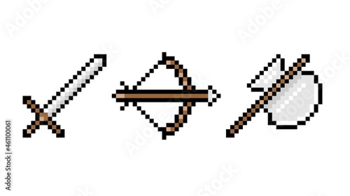 Pixel edged weapons set. Sharp medieval crusader sword with powerful combat bow. Antique heavy steel ax for 8bit pixelated vector games