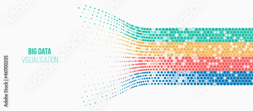 Big data visualization. Information analytics concept. Abstract stream information with hexagons array and binary code. Filtering machine algorithms. Sorting data. Vector technology background.