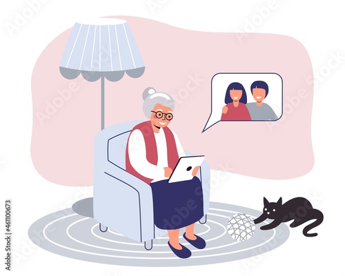 Happy grandmother with laptop calls grandchildren Cute old woman working on computer at home Online education Web courses Modern technologies and old age concept Vector illustration in flat style