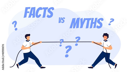 Myths vs facts Vector illustration on white background Two men are pulling the rope proving where is the truth and where is the lie Concept of thorough fact-checking or easy compare evidence Flat cart