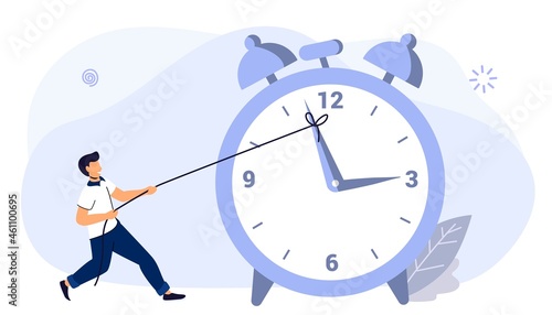 Rope businessman Turning clock arrow back Metaphor of time management in team Concept of multitasking, performance, timeline Business project deadline Time management Assessment and control