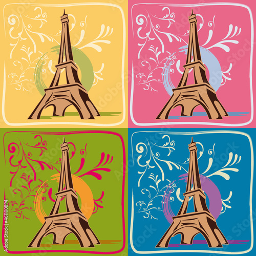 Illustration 4 Dessins à la Main Tour Eiffel Paris avec Décor Feuillage sur Fonds Colorés - Architecture Moderne - Style Pop Art
