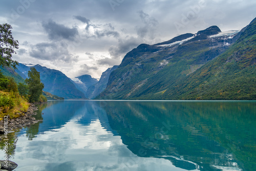 Stunning view of the Lovatnet (Loenvatnet) lake, Stryn, Vestland, Norway. Formed by meltwater from the Jostedalsbreen and Tindefjellbreen glaciers before flowing into the Nordfjord. © Luis