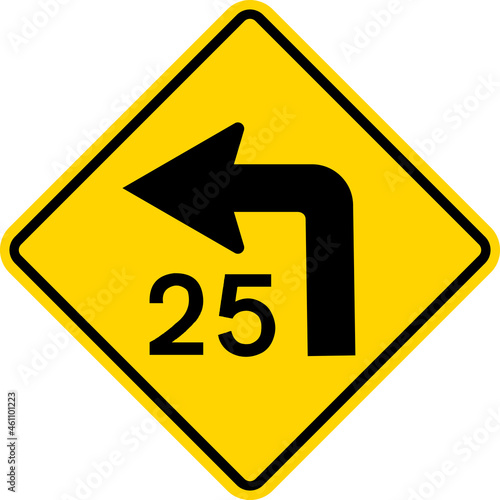 Combination left turn speed advisory sign. Diamond background. Traffic signs and symbols.