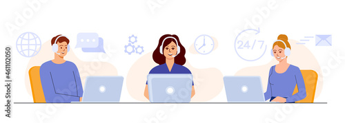 Hotline operators with headphones with microphone working in call center on laptops. Operator with headsets consult clients. Customer service and global online technical support. Vector illustration 