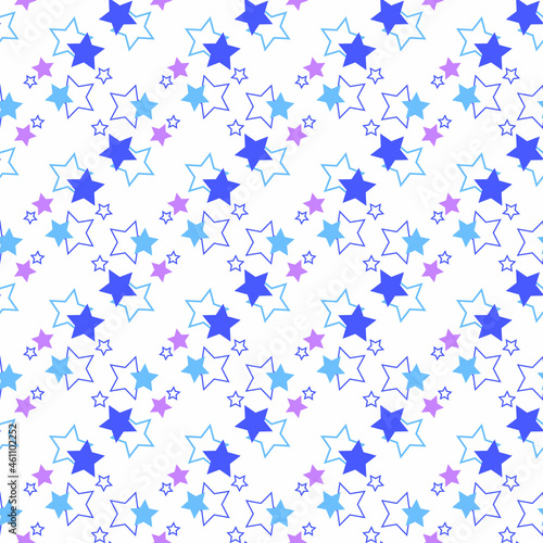 Seamless pattern with blue and lilac stars on a white background. Use for fabric, wrapping paper, wallpaper, print, backdrops, baby clothes, napkins, bags, merchandise, clothing, and artwork.