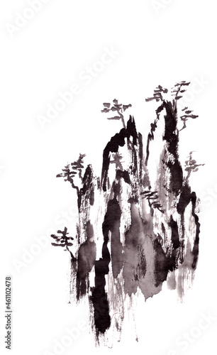 Pine trees on the rocks monochrome black and white chinese style ink drawing