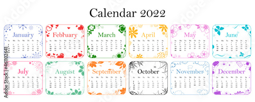 calendar for 2022, colorful and colored calendar for 2022 with flowers, butterflies, gifts, snowflakes, leaves