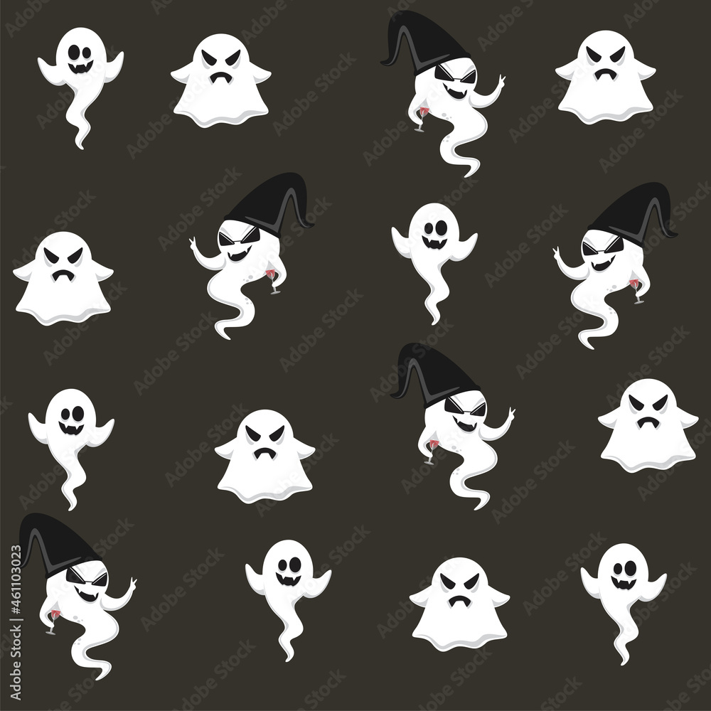 Repeat-less Cartoon Ghosts Pattern Background In Black And White Color.