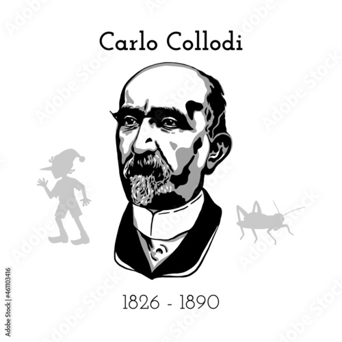 Vector portrait of Carlo Collodi. Great Italian writer and journalist, author of the fairy tale "The Adventures of Pinocchio. The story of a wooden doll". Celebrity anniversary. Pinocchio and cricket.