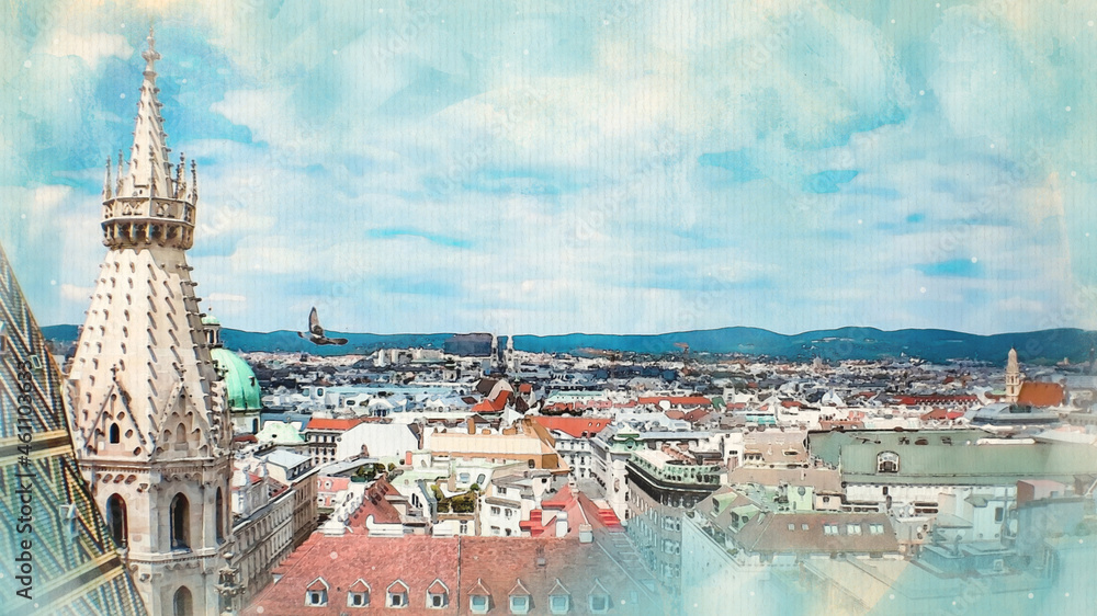 Watercolor pattern of Vienna Austria colorful illustration card cityscape view