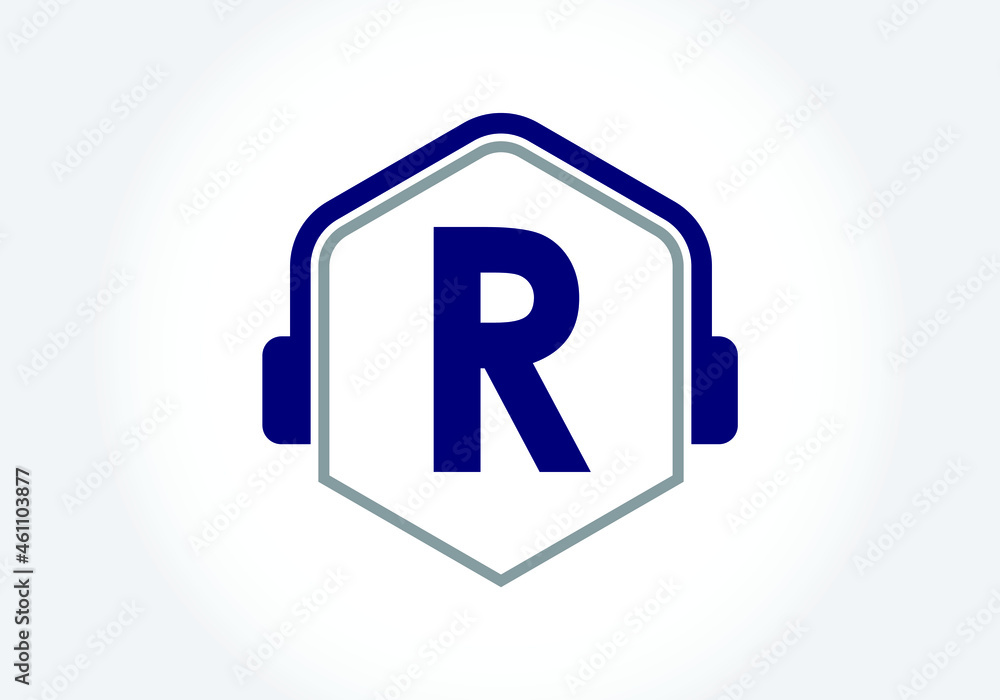 Letter R monogram alphabet with a headphone. Headphone Logo vector icon ...