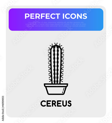 Cactus with prickles in pot thin line icon. Modern vector illustration of home plant.