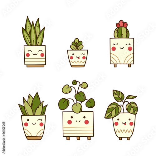 Set of cute vector house plants in flowerpots. Funny baby stickers with home flowers