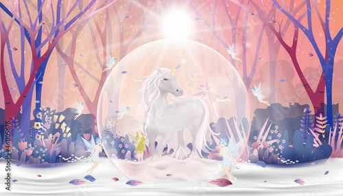 Fantasy winter wonderland of fairies flying and playing with unicorn inside glass snow globe,Christmas night in magic forest,Vector illustration beautiful nature landscape for bed time story concept