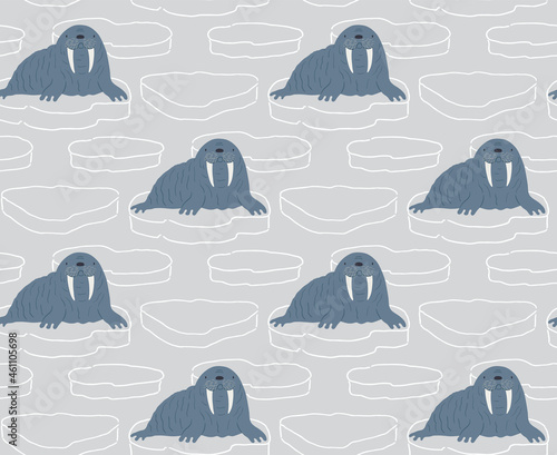 Cute cartoon walrus, ice floes, winter seamless pattern on gray background. Hand drawn vector illustration. Arctic wildlife. Design concept for kids textile, fashion print, wallpaper, packaging.