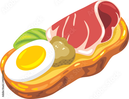 Crouton with Italian ham, egg and pickled cucumber