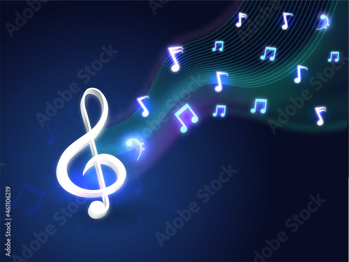 Abstract Wavy Line Blue Background With Light Effect Music Notes.