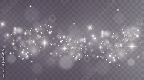 Christmas background. Powder PNG. Magic shining white dust. Fine, shiny dust particles fall off slightly. Fantastic shimmer effect. 