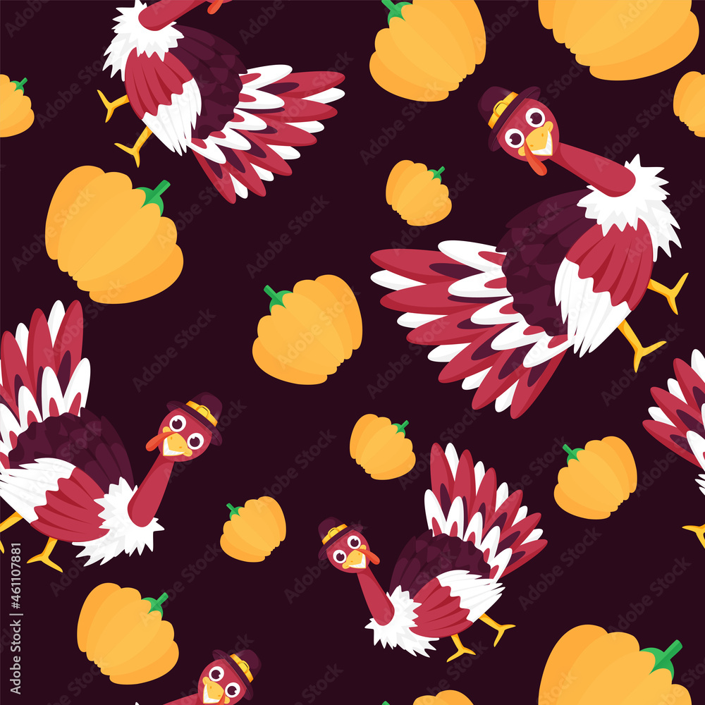 Seamless Turkey Birds And Paper Pumpkins Pattern Background. Seamless Turkey Birds And Paper Pumpkins Pattern Background.