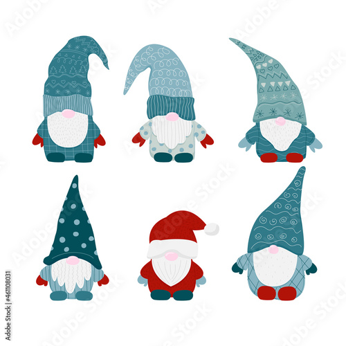 Christmas Scandinavian small gnomes. dwarf gnome in a New Year's santa hat. Set of flat cartoon hand drawn characters. Stock vector illustration isolated on white background.
