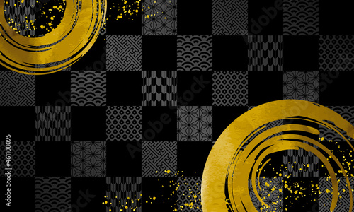 筆・円・丸・和柄・市松模様・祝・金・背景・伝統・模様・年賀状	