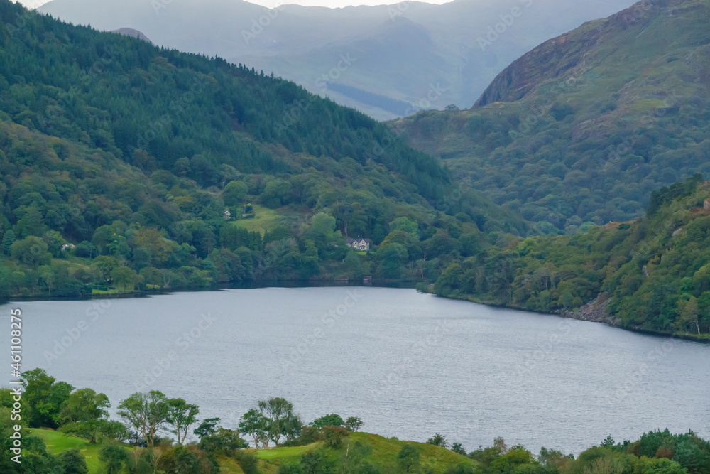 scenic view of valleys and mountains in Snowdonia national park Wales, from a Snowdon viewing point.