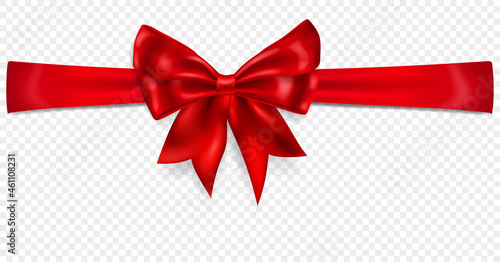 Beautiful red bow with horizontal ribbon with shadow, isolated on transparent background. Transparency only in vector format