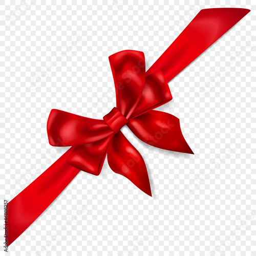 Beautiful red bow with diagonally ribbon with shadow, isolated on transparent background. Transparency only in vector format