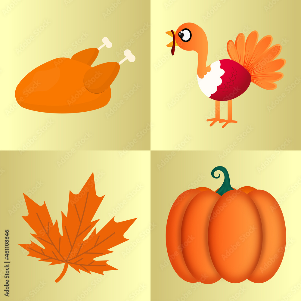 Thanksgiving Elements Like As Chicken, Turkey Bird, Maple Leaf And Pumpkin On Yellow Background. Thanksgiving Elements Like As Chicken, Turkey Bird, Maple Leaf And Pumpkin On Yellow Background.
