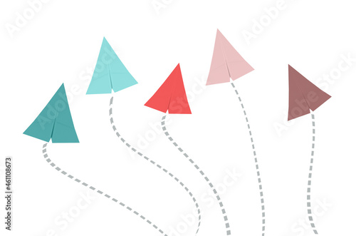 Paper airplanes in different colors on a white background, standing out, sky rocket