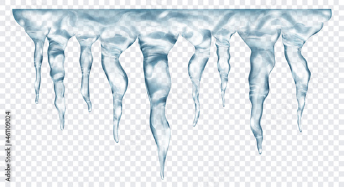 Group of translucent gray realistic icicles of different lengths, connected at the top, isolated on transparent background. Transparency only in vector format
