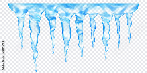 Group of translucent light blue realistic icicles of different lengths, connected at the top, isolated on transparent background. Transparency only in vector format