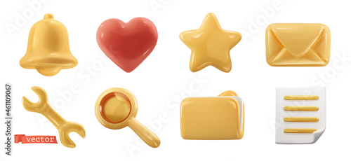 3d realistic vector icon set. Bell, heart, star, mail, magnifier, wrench, folder, document symbols