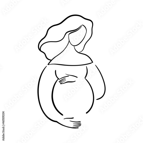 Hand drawn pregnant woman with curl hair, line portrait with hands on belly. Elegant logo