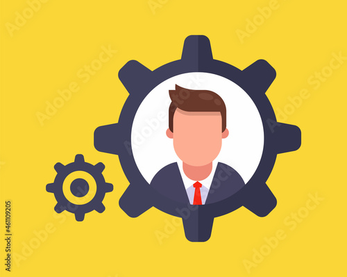gear mechanism. chief employee of the company. Flat character vector illustration.