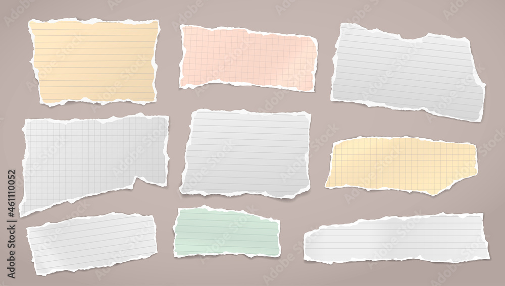 Set of torn colorful and white, lined note, notebook paper stripes are on brown background for text, advertising or design. Vector illustration