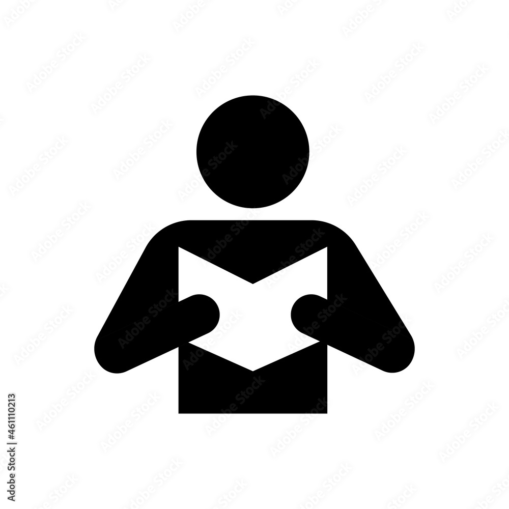 Simple solid black icon man reading book. Front side. Reading concept. Trendy flat isolated symbol, sign can be used for: illustration, logo, mobile, app, design, web, dev, ui, gui. Vector EPS 10 Simple solid black icon man reading book. Front side. Reading concept. Trendy flat isolated symbol, sign can be used for: illustration, logo, mobile, app, design, web, dev, ui, gui. Vector EPS 10