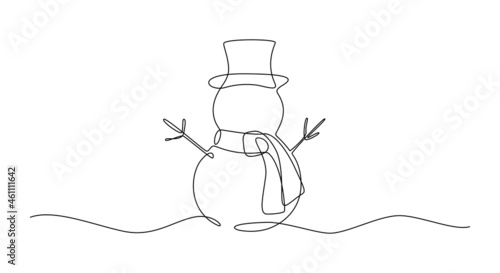 Continuous one line drawing of christmas Snowman in hat with scarf. Cute Winter character in doodle style. Liner Vector illustration
