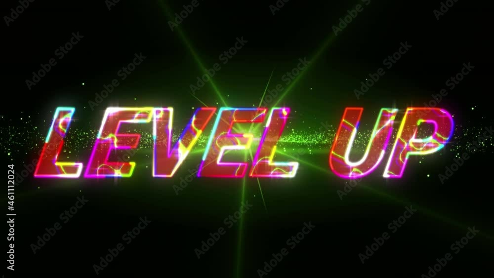 Animation of glowing level up text over green light and shape Animation of glowing level up text over green light and shape
