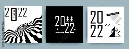 Creative design for New Year 2022 card on modern background. Memphis style poster. Black and white. Vector